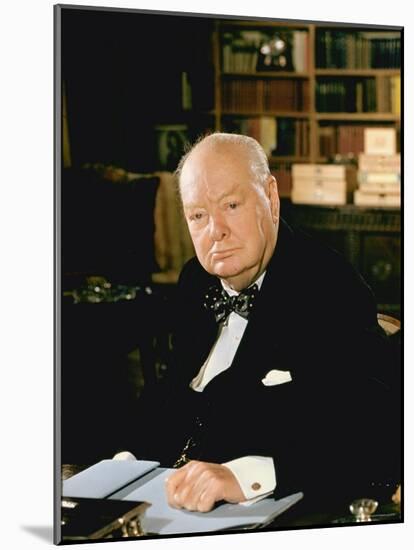 British Politician Sir Winston Churchill, Formal Portrait at Desk-Carl Mydans-Mounted Premium Photographic Print