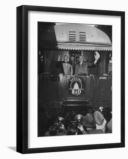 British Prime Minister Winston Churchill, Giving V Sign While President Harry S. Truman Waves Hat-George Skadding-Framed Photographic Print