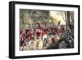 British Retreat from Concord under Fire from Colonial Minutemen in Ambush, c.1775-null-Framed Premium Giclee Print