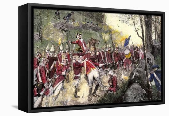 British Retreat from Concord under Fire from Colonial Minutemen in Ambush, c.1775-null-Framed Stretched Canvas