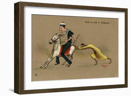 British Sailor on a Mule, Pushed by Egyptian Man-V. Manavian-Framed Art Print