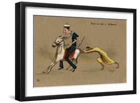 British Sailor on a Mule, Pushed by Egyptian Man-V. Manavian-Framed Art Print