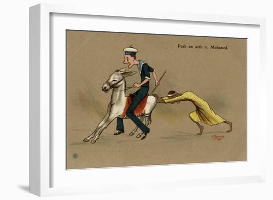 British Sailor on a Mule, Pushed by Egyptian Man-V. Manavian-Framed Art Print