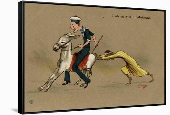 British Sailor on a Mule, Pushed by Egyptian Man-V. Manavian-Framed Stretched Canvas