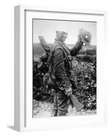 British Soldier with Bandaged Head Shows the Steel Helmet That Saved His Li-English Photographer-Framed Photographic Print