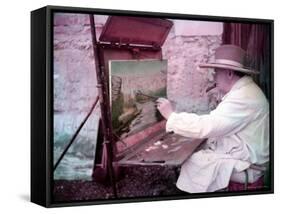 British Statesman Winston Churchill Painting a View of the Sorgue River While on Vacation-Frank Scherschel-Framed Stretched Canvas