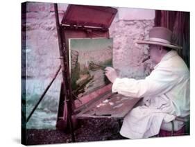 British Statesman Winston Churchill Painting a View of the Sorgue River While on Vacation-Frank Scherschel-Stretched Canvas