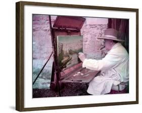 British Statesman Winston Churchill Painting a View of the Sorgue River While on Vacation-Frank Scherschel-Framed Premium Photographic Print