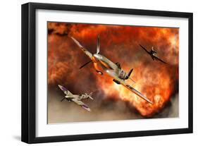 British Supermarine Spitfires Bursting Through Explosive Flames-null-Framed Art Print