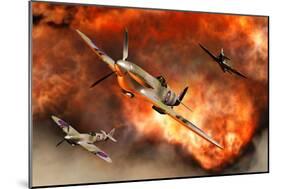 British Supermarine Spitfires Bursting Through Explosive Flames-null-Mounted Art Print