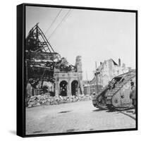 British Tank in Front of Ruined Buildings, Peronne, France, World War I, C1916-C1918-Nightingale & Co-Framed Stretched Canvas