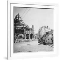 British Tank in Front of Ruined Buildings, Peronne, France, World War I, C1916-C1918-Nightingale & Co-Framed Giclee Print