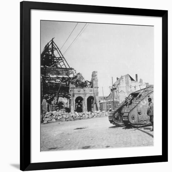 British Tank in Front of Ruined Buildings, Peronne, France, World War I, C1916-C1918-Nightingale & Co-Framed Giclee Print