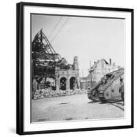 British Tank in Front of Ruined Buildings, Peronne, France, World War I, C1916-C1918-Nightingale & Co-Framed Giclee Print