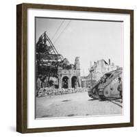 British Tank in Front of Ruined Buildings, Peronne, France, World War I, C1916-C1918-Nightingale & Co-Framed Giclee Print