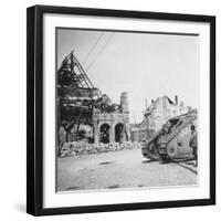 British Tank in Front of Ruined Buildings, Peronne, France, World War I, C1916-C1918-Nightingale & Co-Framed Giclee Print