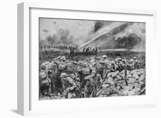 British Troops Repelling a German Liquid Fire Attack, WW1-Frank Dadd-Framed Art Print