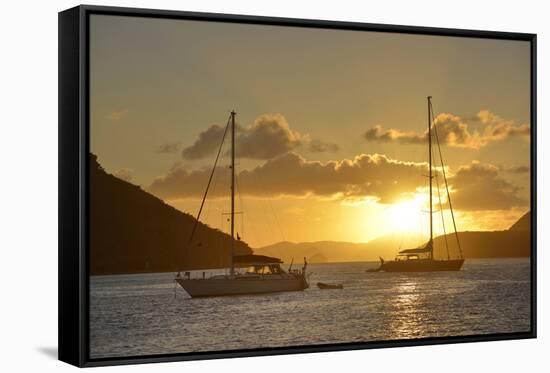 British Virgin Islands, Tortola. Caribbean Sunset with Sailboats at Soper's Hole, West End-Kevin Oke-Framed Stretched Canvas