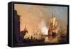 British Warship Firing the Cannon to Greet, upon Arrival in Port, Whose Buildings Evoke a Port in T-Samuel Scott-Framed Stretched Canvas