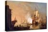 British Warship Firing the Cannon to Greet, upon Arrival in Port, Whose Buildings Evoke a Port in T-Samuel Scott-Stretched Canvas