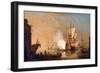 British Warship Firing the Cannon to Greet, upon Arrival in Port, Whose Buildings Evoke a Port in T-Samuel Scott-Framed Giclee Print