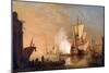 British Warship Firing the Cannon to Greet, upon Arrival in Port, Whose Buildings Evoke a Port in T-Samuel Scott-Mounted Giclee Print