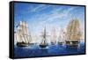 British Warships Saluting Passing Steamer, Oil on Canvas. 19th Century-null-Framed Stretched Canvas