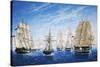 British Warships Saluting Passing Steamer, Oil on Canvas. 19th Century-null-Stretched Canvas