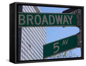 Broadway and 5th Avenue Street Signs, Manhattan, New York City, New York, USA-Amanda Hall-Framed Stretched Canvas