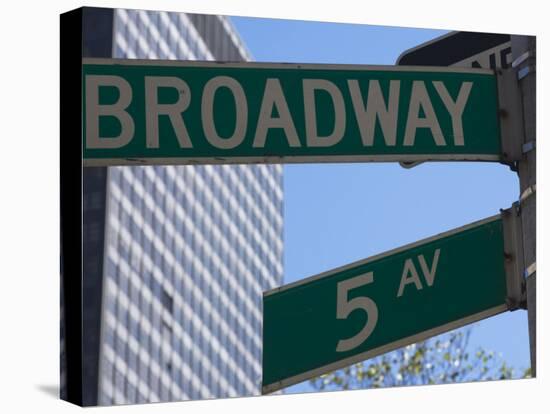 Broadway and 5th Avenue Street Signs, Manhattan, New York City, New York, USA-Amanda Hall-Stretched Canvas