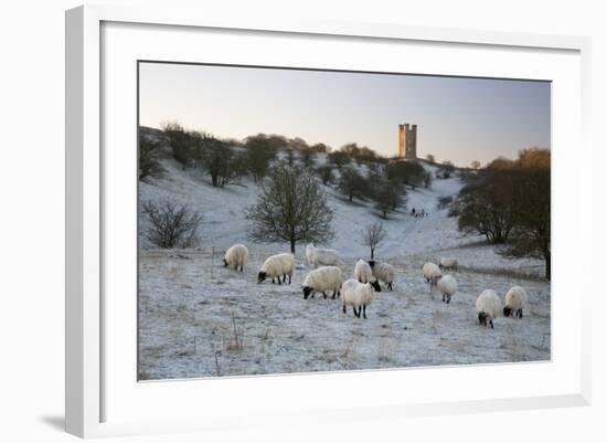 Broadway Tower and Sheep in Morning Frost, Broadway, Cotswolds, Worcestershire, England, UK-Stuart Black-Framed Photographic Print