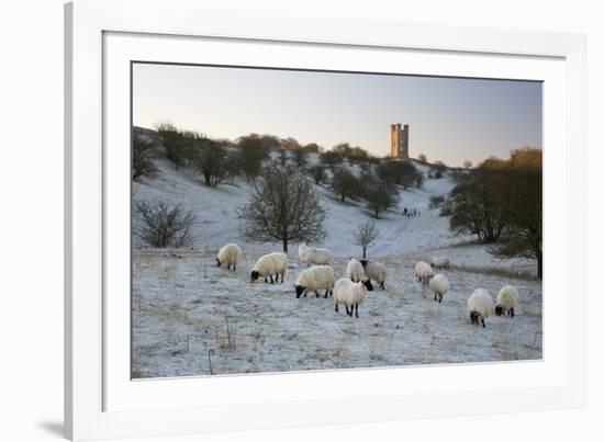 Broadway Tower and Sheep in Morning Frost, Broadway, Cotswolds, Worcestershire, England, UK-Stuart Black-Framed Photographic Print