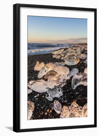 Broken Ice from Washed Upiicebergs on Jokulsarlon Black Beach at Sunrise-Neale Clark-Framed Photographic Print