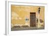 Broken Plaster on Yellow Wall with Old Wood Door-Thom Lang-Framed Photographic Print