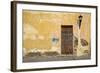 Broken Plaster on Yellow Wall with Old Wood Door-Thom Lang-Framed Photographic Print