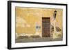 Broken Plaster on Yellow Wall with Old Wood Door-Thom Lang-Framed Photographic Print
