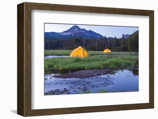 Broken Top Mountain and Camping Tent, Sparks Lake, Three Sisters Wilderness, Eastern Oregon, USA-Stuart Westmorland-Framed Photographic Print