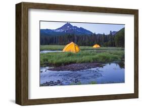 Broken Top Mountain and Camping Tent, Sparks Lake, Three Sisters Wilderness, Eastern Oregon, USA-Stuart Westmorland-Framed Photographic Print