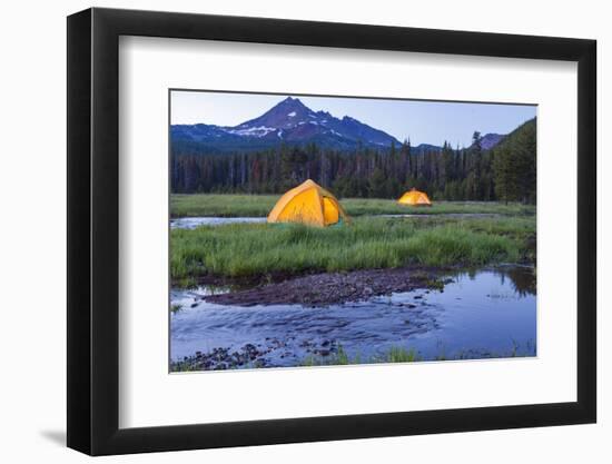 Broken Top Mountain and Camping Tent, Sparks Lake, Three Sisters Wilderness, Eastern Oregon, USA-Stuart Westmorland-Framed Photographic Print