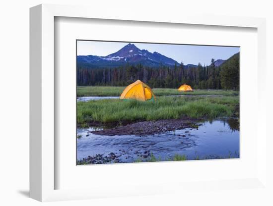 Broken Top Mountain and Camping Tent, Sparks Lake, Three Sisters Wilderness, Eastern Oregon, USA-Stuart Westmorland-Framed Photographic Print