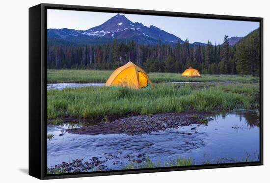 Broken Top Mountain and Camping Tent, Sparks Lake, Three Sisters Wilderness, Eastern Oregon, USA-Stuart Westmorland-Framed Stretched Canvas