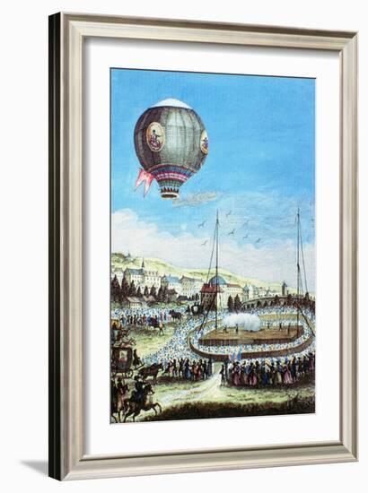 Brolteaux in Lyon and the Third Flight of the Montgolfier Hot-Air Balloon, 10th of January 1784-null-Framed Giclee Print