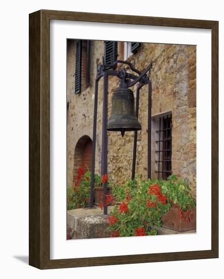 Bronze Bell, Geraniums and Farmhouse, Tuscany, Italy-Merrill Images-Framed Photographic Print