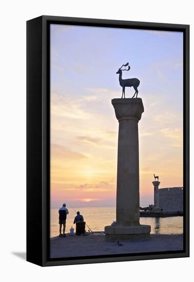 Bronze Doe and Stag Statues at the Entrance of Mandraki Harbour, Rhodes, Dodecanese-Neil Farrin-Framed Stretched Canvas