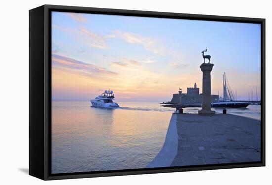 Bronze Doe and Stag Statues at the Entrance of Mandraki Harbour, Rhodes, Dodecanese-Neil Farrin-Framed Stretched Canvas