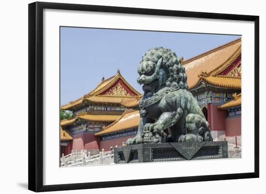 Bronze Lion Guarding the Entrance to the Gate of Supreme Harmony, Forbidden City, Beijing China-Michael DeFreitas-Framed Photographic Print