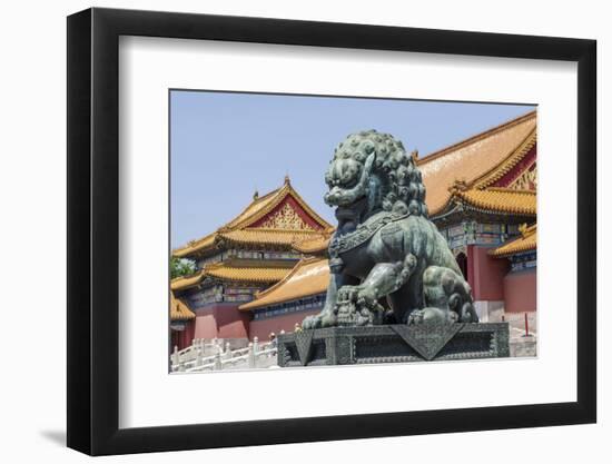 Bronze Lion Guarding the Entrance to the Gate of Supreme Harmony, Forbidden City, Beijing China-Michael DeFreitas-Framed Photographic Print