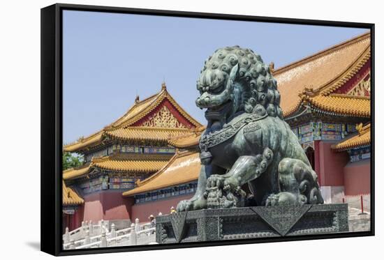 Bronze Lion Guarding the Entrance to the Gate of Supreme Harmony, Forbidden City, Beijing China-Michael DeFreitas-Framed Stretched Canvas