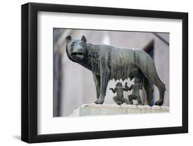 Bronze Sculpture of the She-Wolf with Romulus and Remus, Rome, Lazio, Italy-Stuart Black-Framed Photographic Print