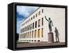 Bronze statue Genio dello Sport outside the Palazzo degli Uffici, Faschist architecture-Jean Brooks-Framed Stretched Canvas